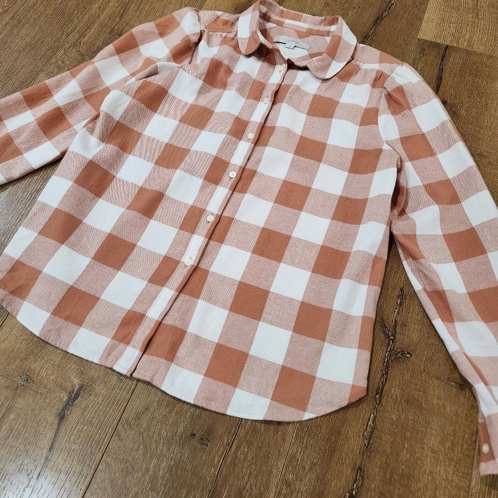 Loft Petite Flannel Plaid Round Collar Shirt sz small cottagecore prairiecore - Picture 4 of 11